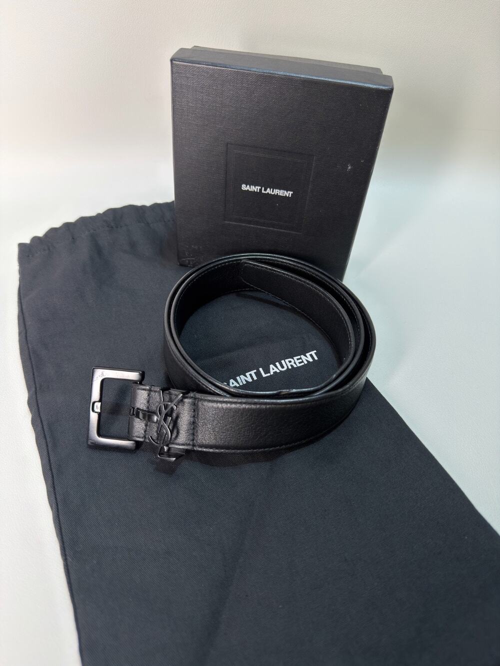Authentic Saint Laurent Paris Black Leather Belt Size 90 / 36 Square Buckle